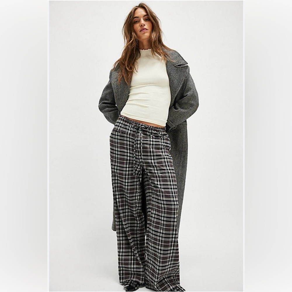 Free People Black and White Plaid Wide Leg Pants